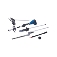 Ein Akku-Multifunktionsgerät mit verschiedenen Aufsätzen, darunter eine Säge, ein Schleifer und ein Bohrer. Die Aufsätze sind in einer Reihe angeordnet.